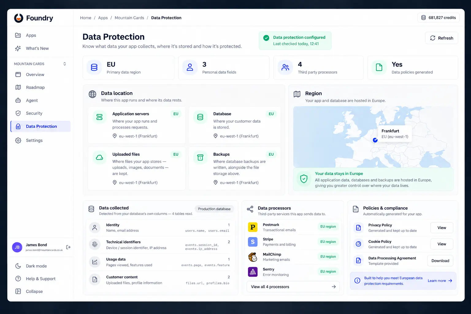 Foundry's Data Protection dashboard — app and database hosted in the EU (Frankfurt), the data it collects, third-party processors, and auto-generated privacy and cookie policies.