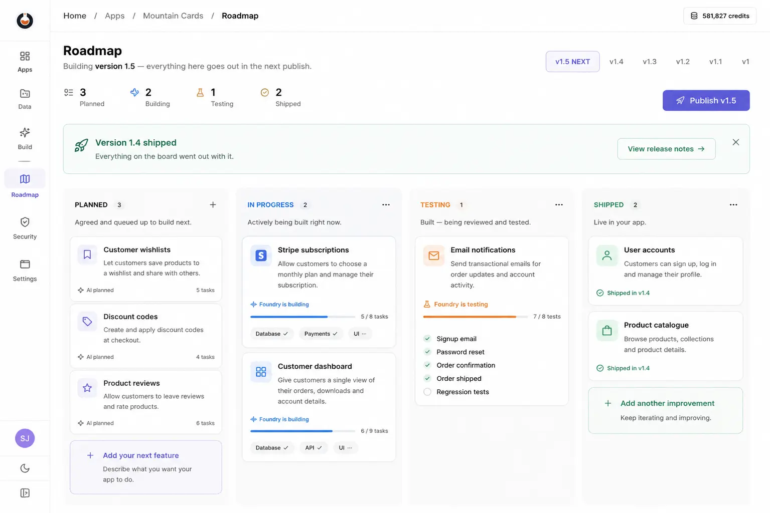 The Foundry roadmap board — features moving across Planned, In Progress, Testing and Shipped columns while version 1.5 is built.