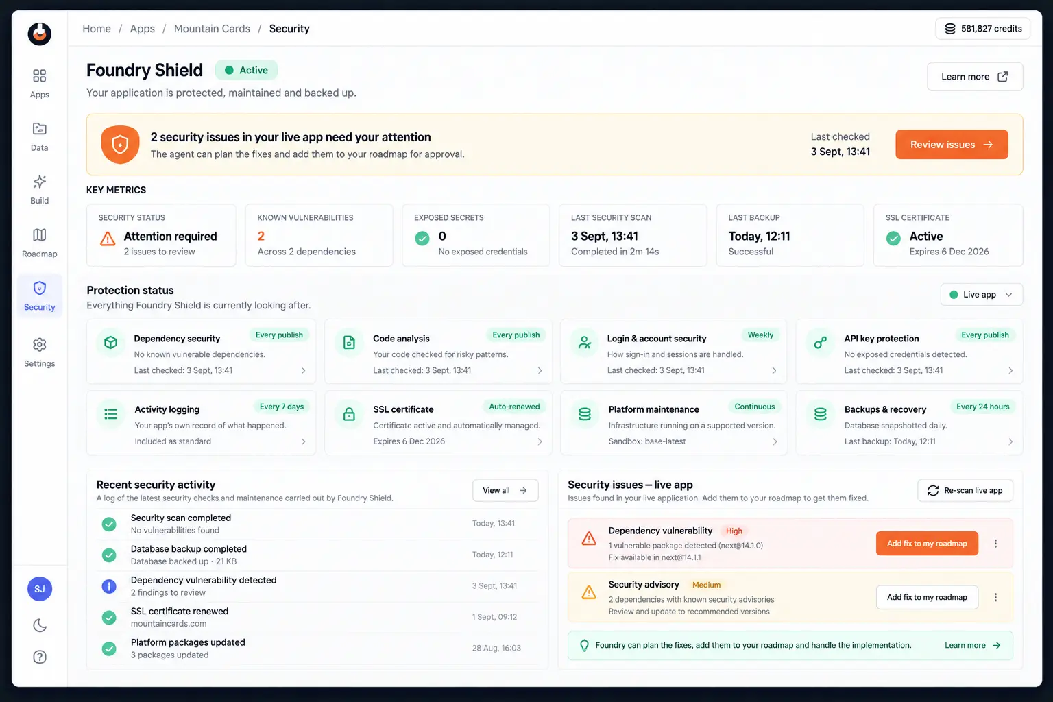 The Foundry Shield security dashboard — security status, known vulnerabilities and protection checks, with 'Add fix to my roadmap' turning issues into roadmap features.